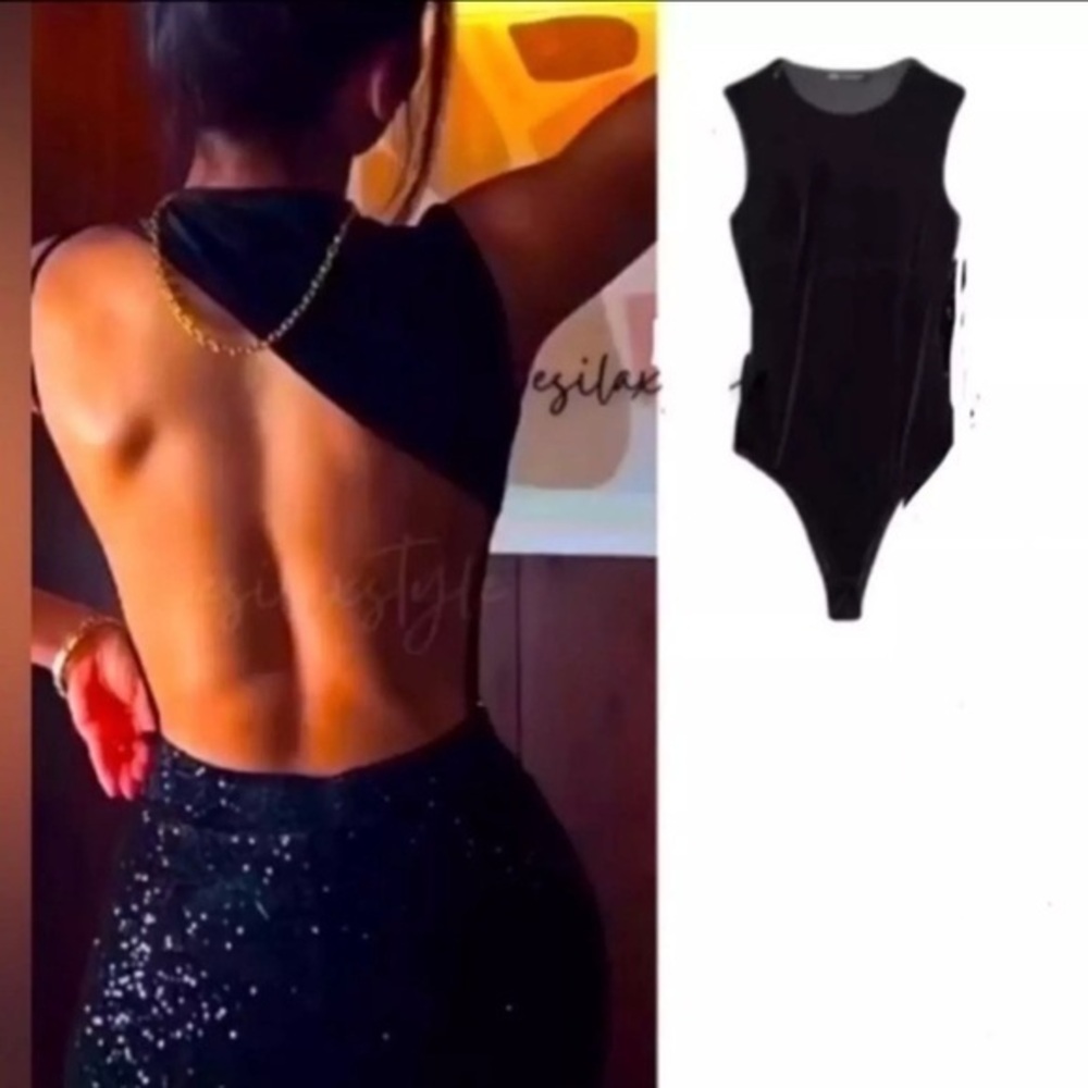 ZARA Black velvet sleeveless asymmetrical open back bodysuit 9118/510
